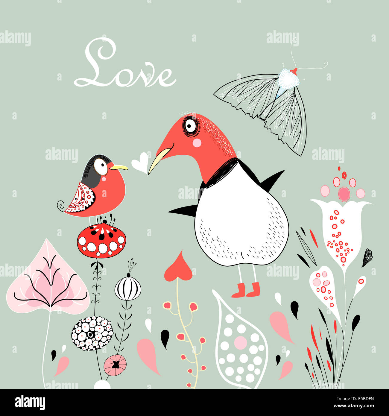 seamless graphic floral pattern with birds in love on a blue background ...