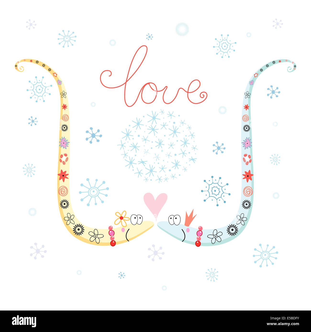 Two snakes fell in love. Valentine's Day Card. Vector illustration. Stock Photo
