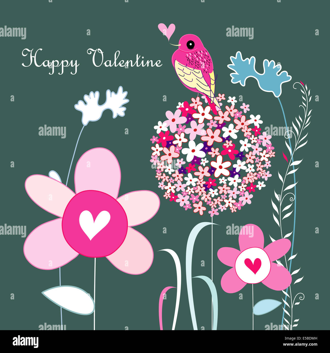 seamless graphic floral pattern with birds in love on a blue background ...