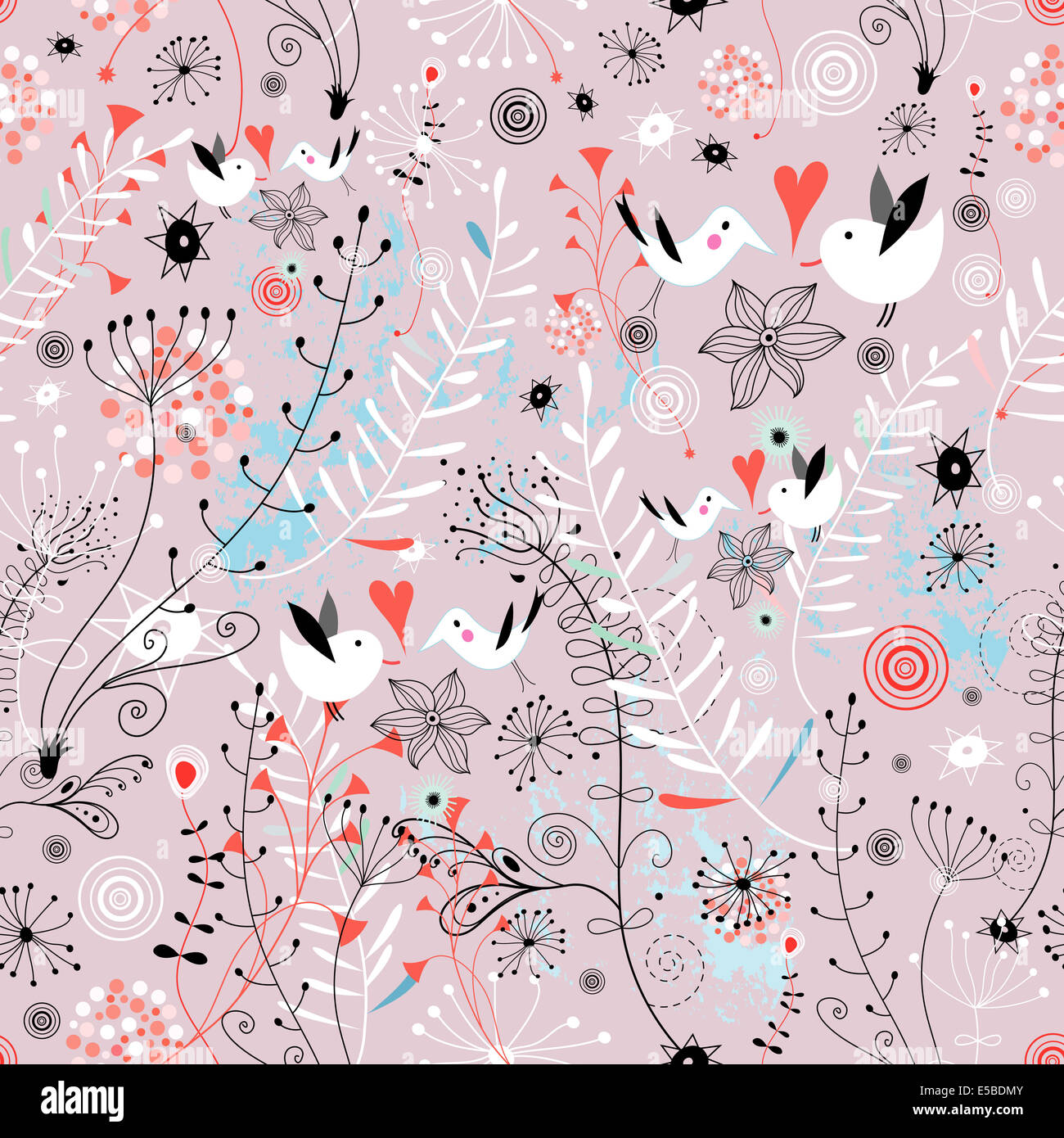 seamless graphic floral pattern with birds in love on a blue background ...