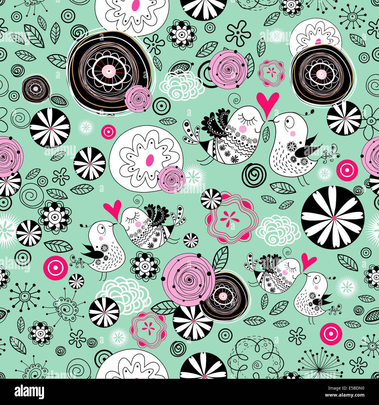 seamless graphic floral pattern with birds in love on a blue background ...