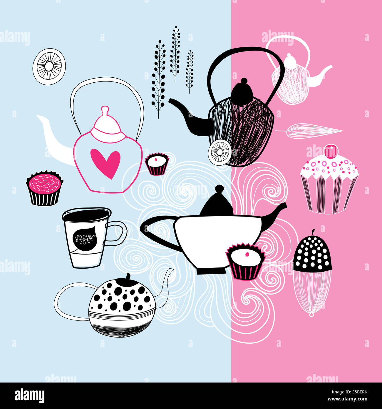 beautiful graphic images teapots and cakes Stock Photo