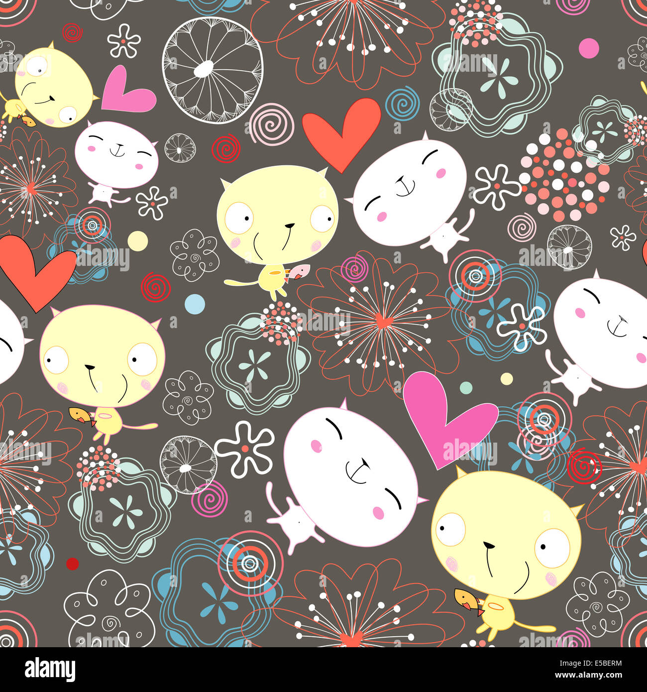 Seamless bright pattern of the fun loving kitten on a dark floral ...