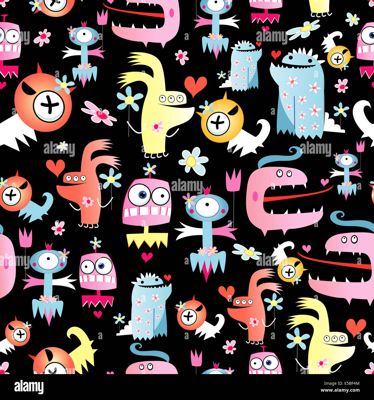 Bright seamless pattern of funny monsters on a black background Stock ...