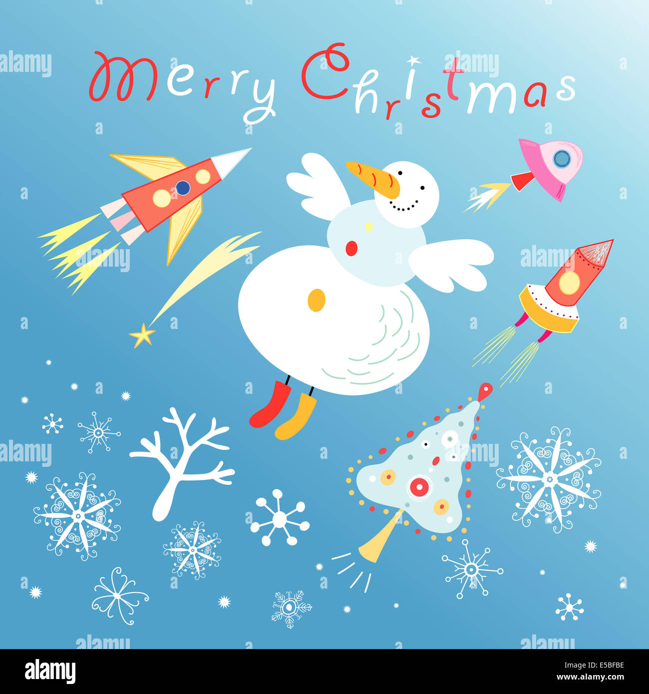 bright greeting card with a funny snowman and missiles on a blue background with snowflakes Stock Photo