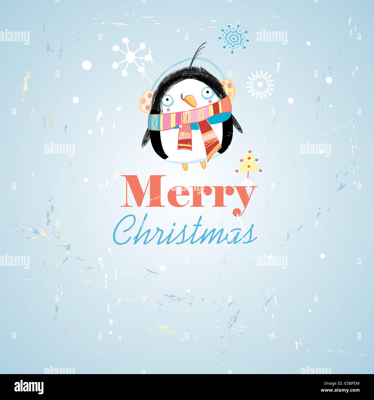 Aged funny Christmas card with a penguin on a blue background with snowflakes Stock Photo