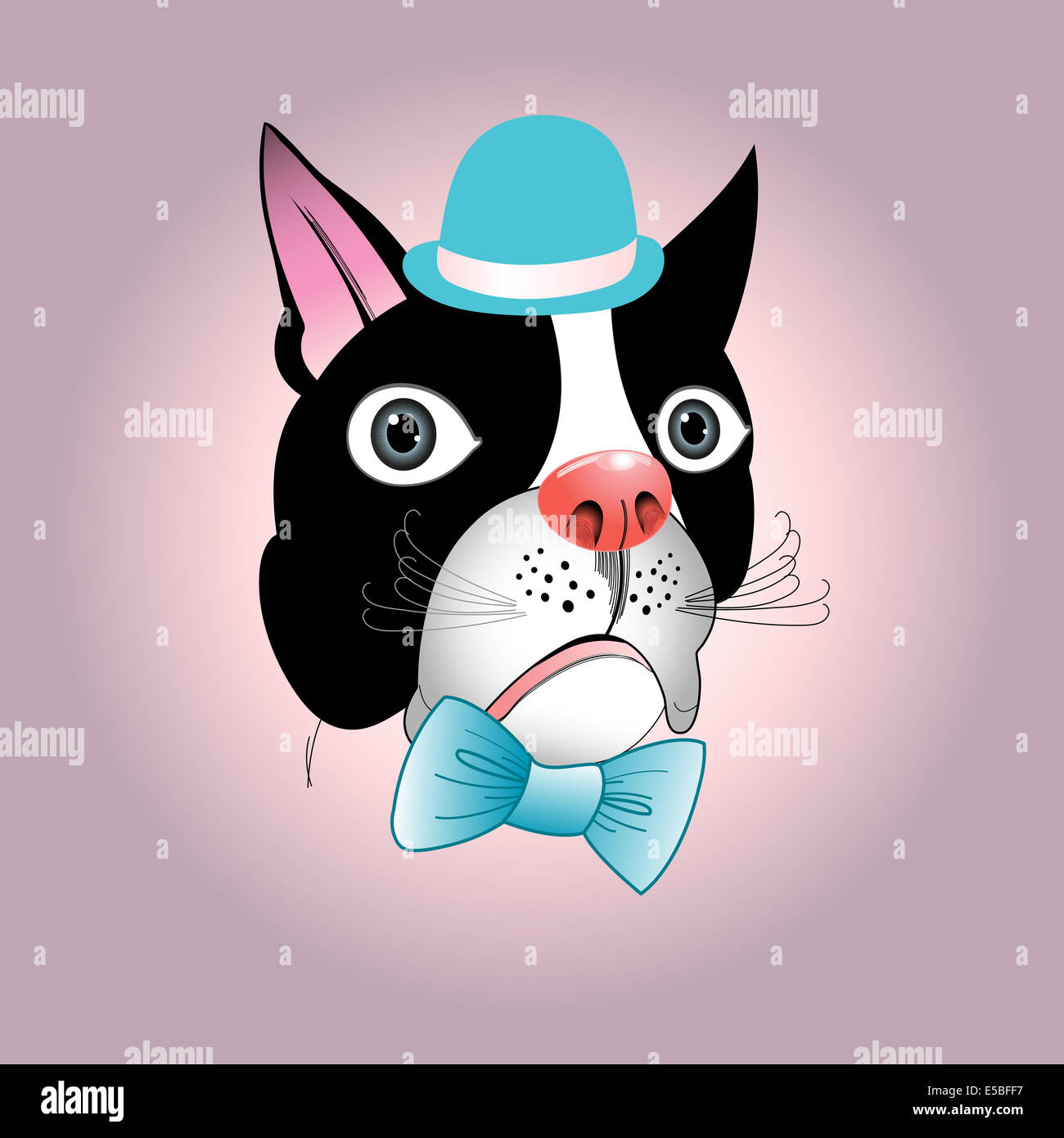 funny portrait of a dog in a hat with a bow on a light colored background Stock Photo