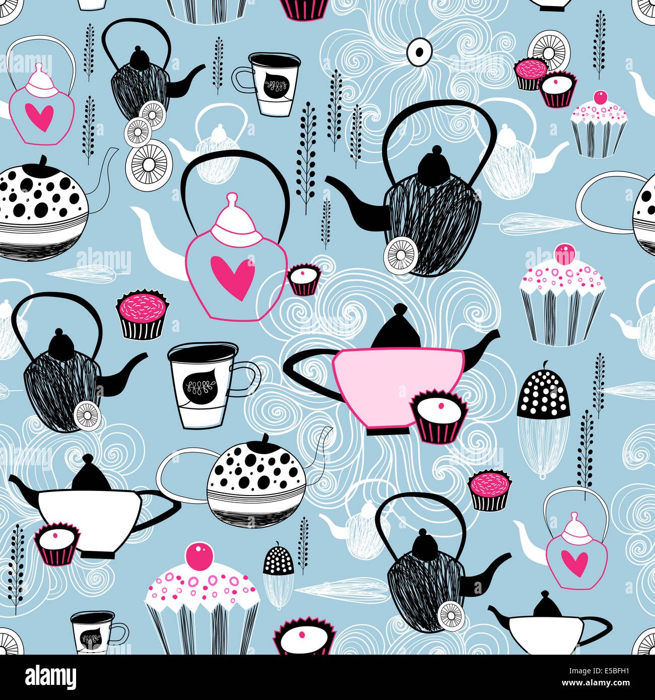 Graphic seamless pattern with kitchen utensils and cake on a blue background Stock Photo