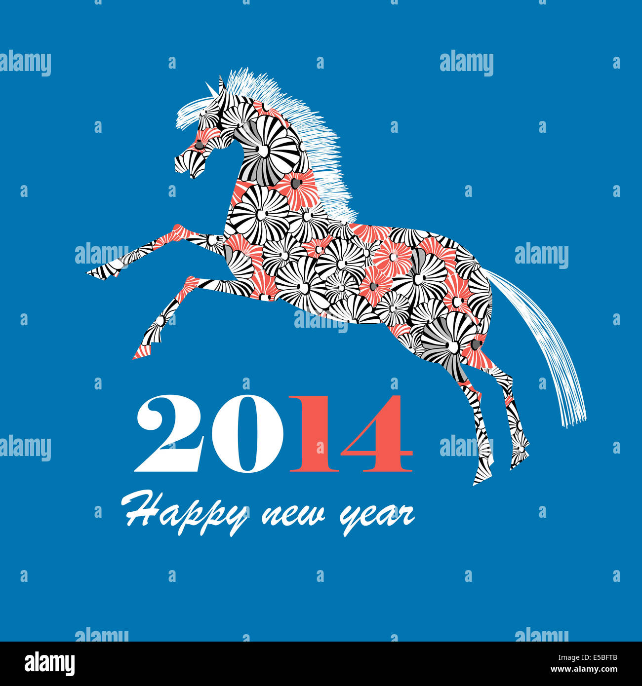 Christmas greeting card with ornamental horse on a blue background Stock Photo