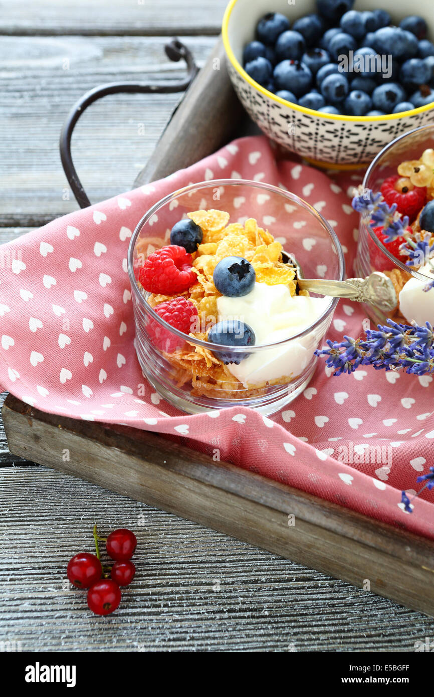 Honey cereal, yogurt and berries for breakfast. food Stock Photo