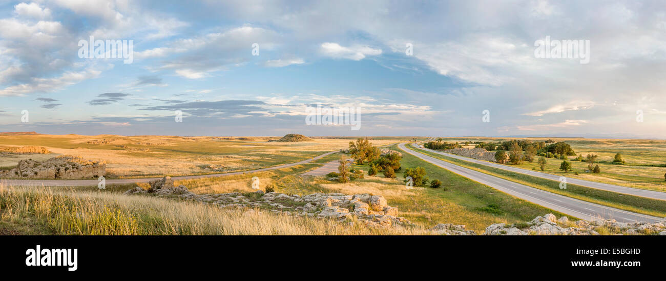 panoramic view (looking south) of northern Colorado prairie and I-25 freeway at Natural Fort Stock Photo