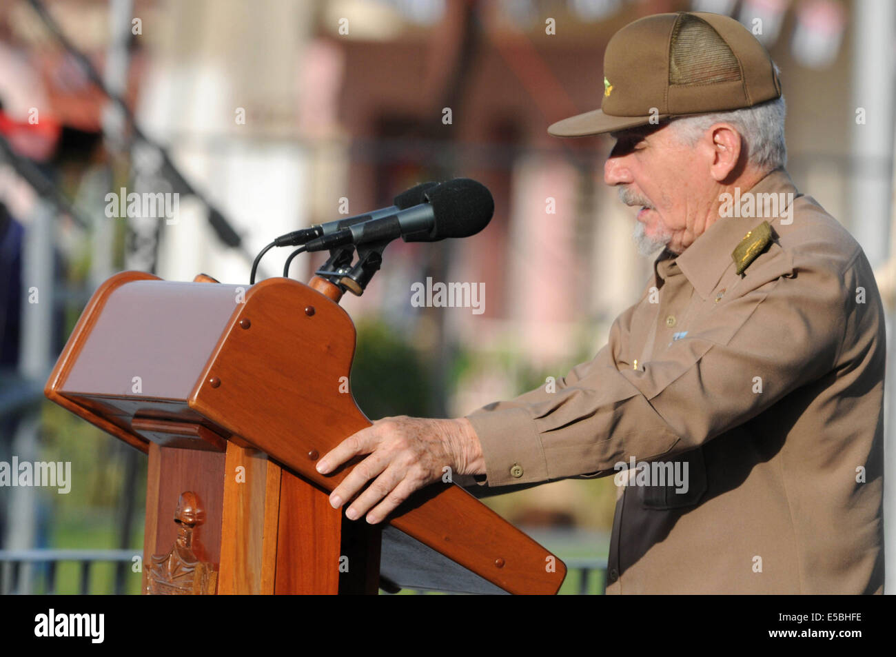 Artemisa, Cuba. 26th July, 2014. The Commander of the Cuba Revolution, Ramiro Valdes, delivers a speech during the commemoration of the National Rebellion Day, in the Mausoleum of the Martyrs, in Artemisa town, Havana Province, Cuba, on July 26, 2014. On July 26, 1953 was the beginning of the Cuban Revolution led by Fidel Castro. Credit:  Vladimir Molina/Prensa Latina/Xinhua/Alamy Live News Stock Photo