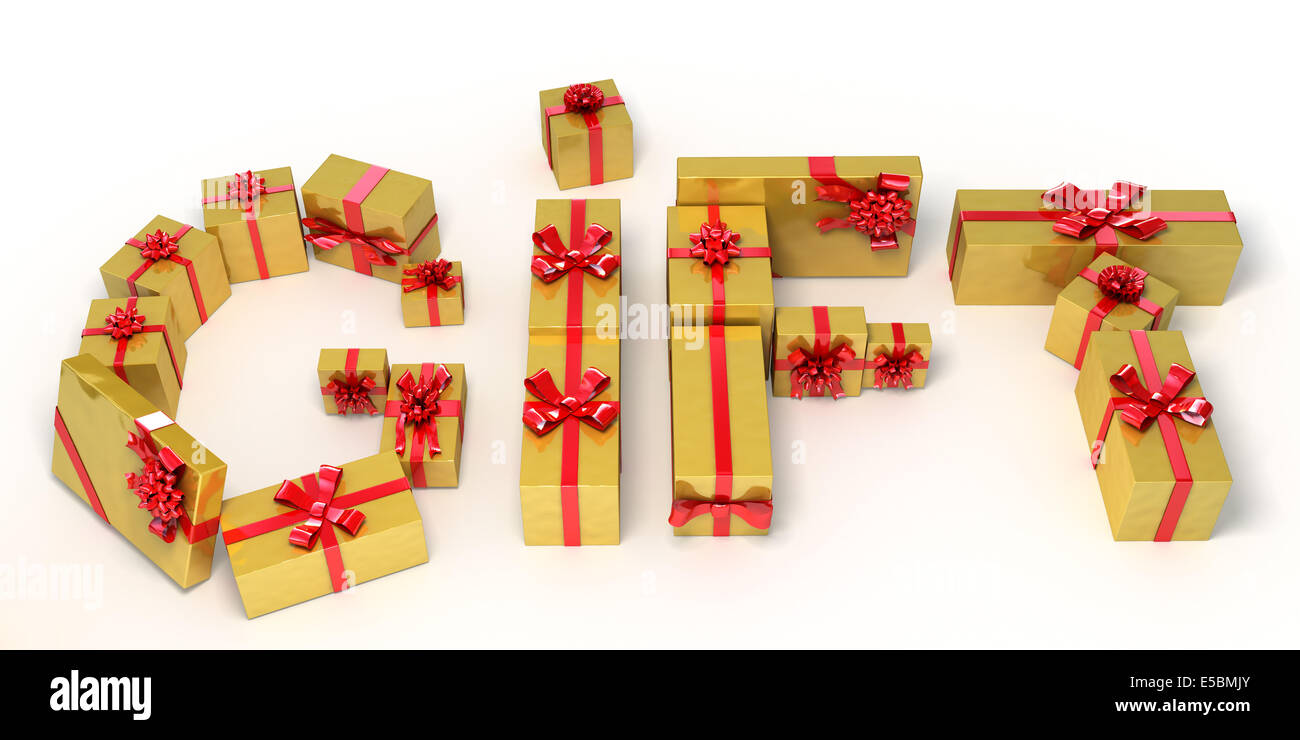 Word GIFT made of lot of gold Christmas gifts . 3d illustration Stock
