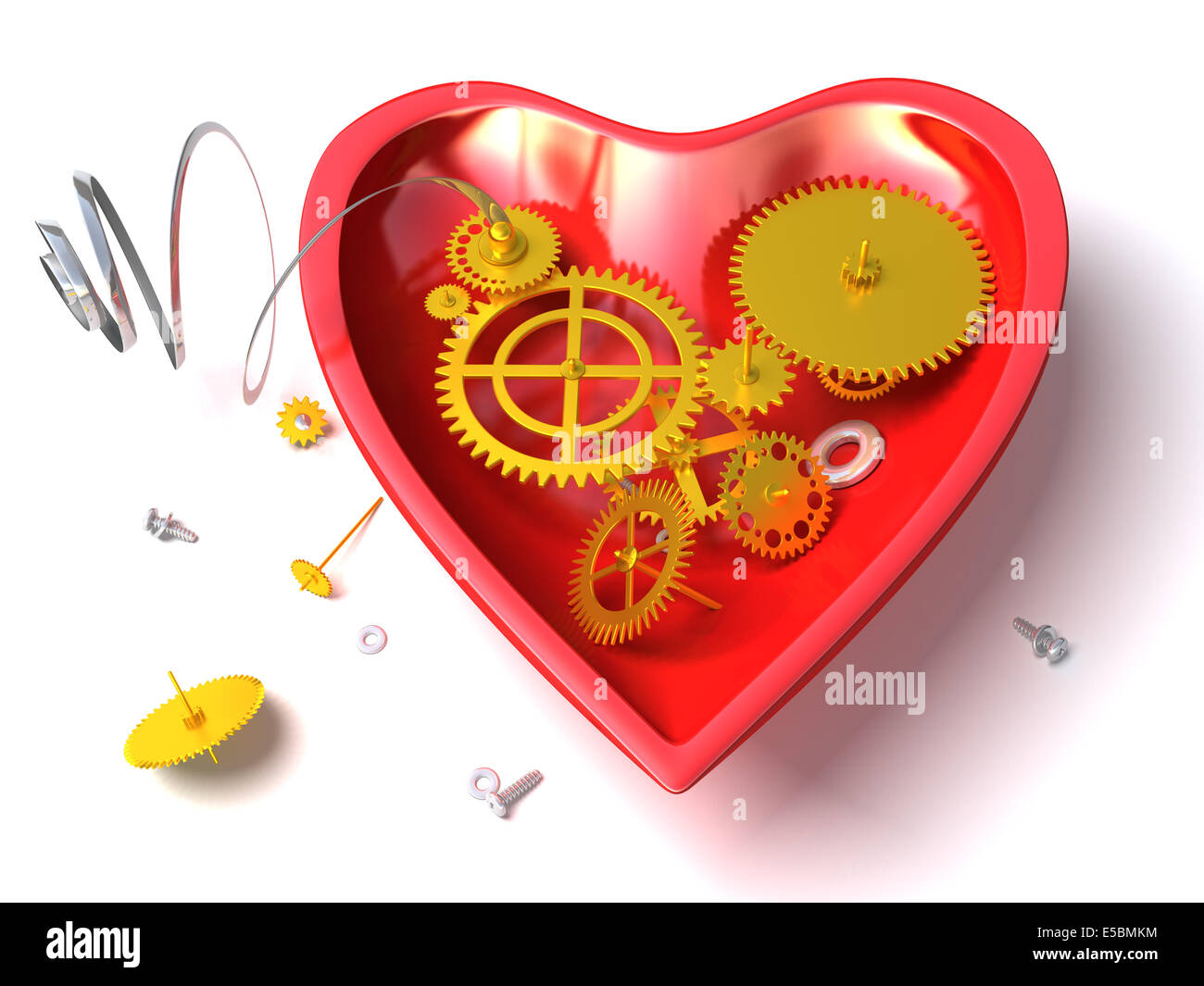 Broken mechanical heart or red clock like heart with open clockwork