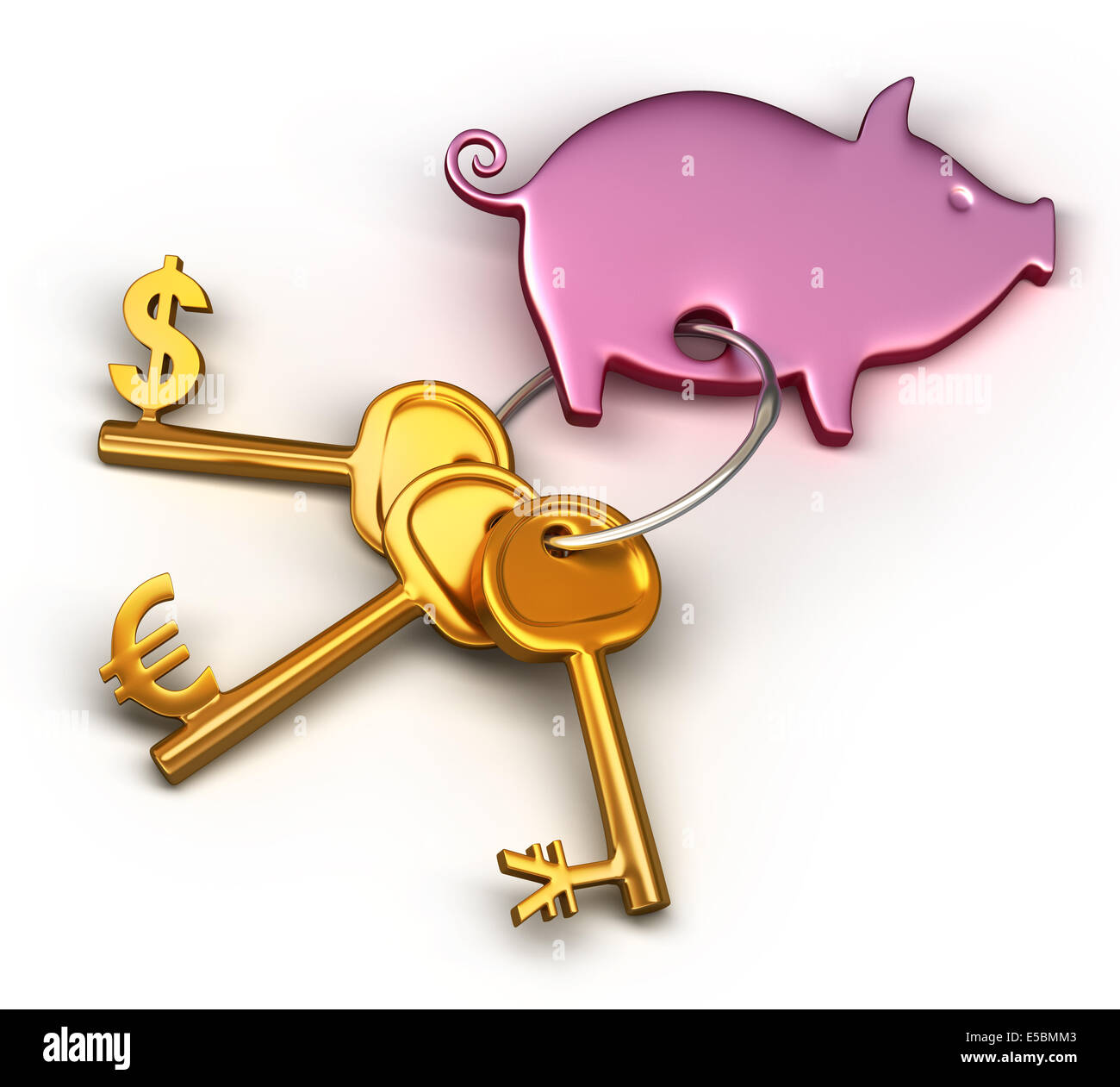 Piggy bank keychain and different money keys. Key to the dollar, euro