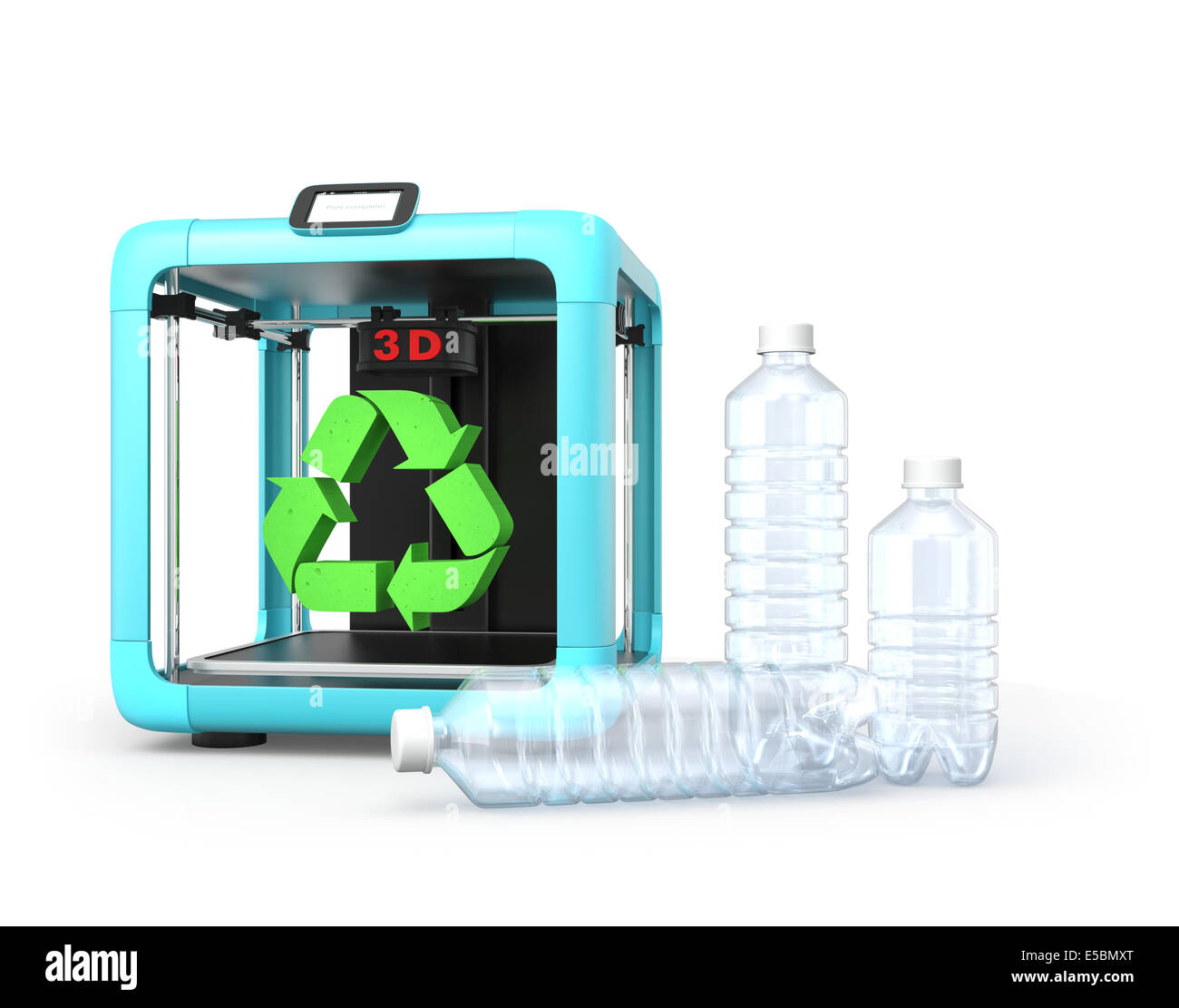 3D printer, solid recycle mark and water bottles on white background