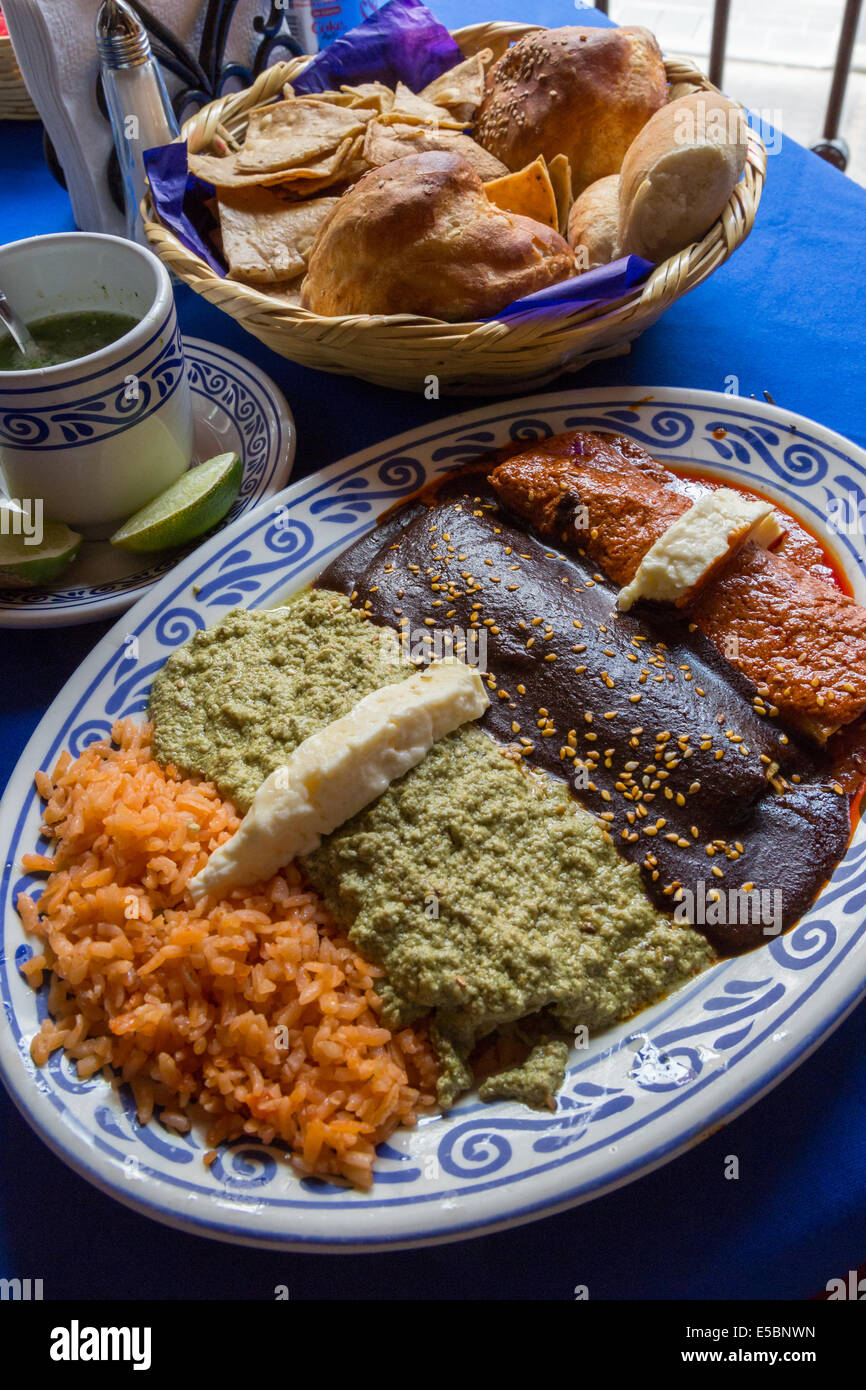 Mole Poblano over enchiladas along with other moles, pipian and adobo