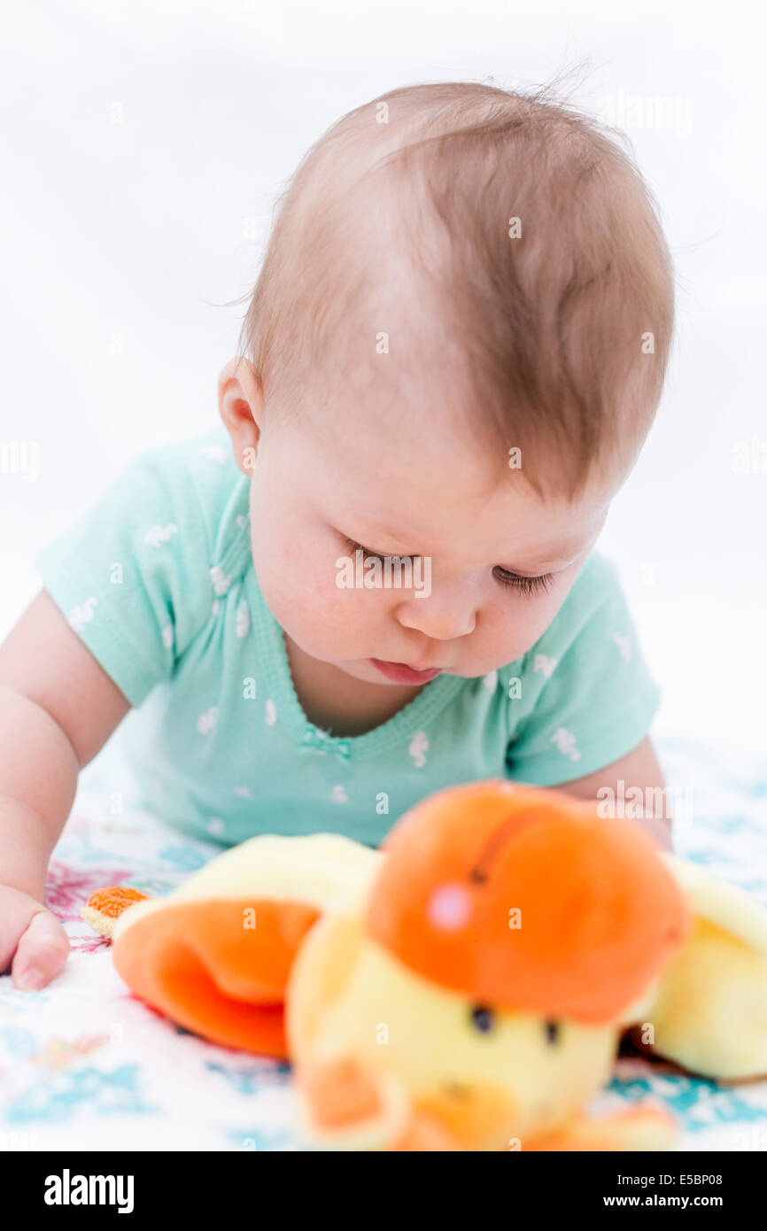 Cute baby girl playing with her toys on a blanket Stock Photo - Alamy