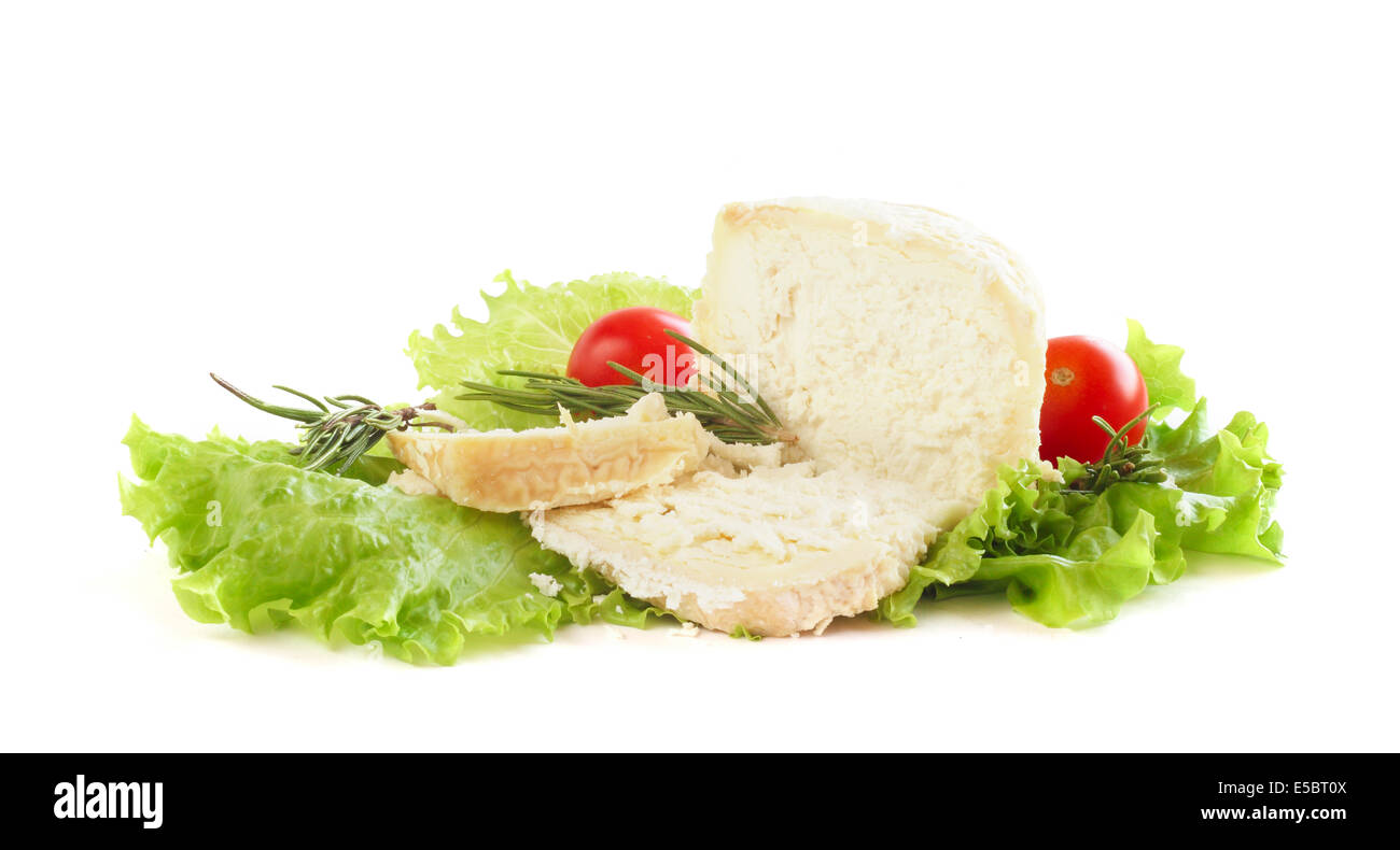 Cheese, tomatoes and lettuce leaves still life  isolated on white background Stock Photo