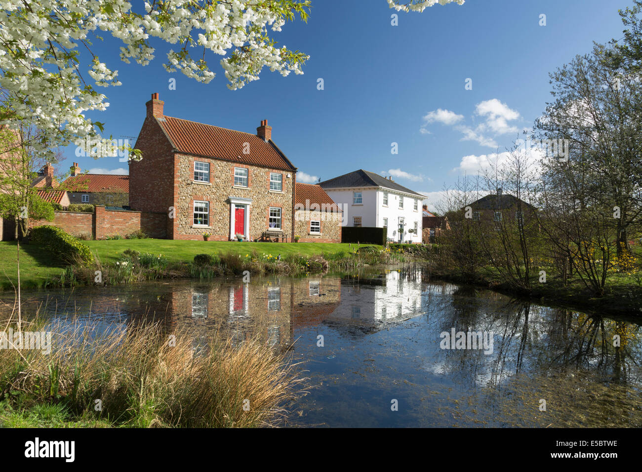 New houses by a village pond at North Stainley in North Yorkshire Stock Photo