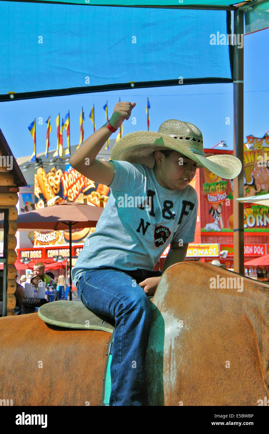 Santa Rosa, California, USA. 26th July, 2014. Latino boy rides mechancal bull at the Sonoma County Fair Credit:  Bob Kreisel/Alamy Live News Stock Photo