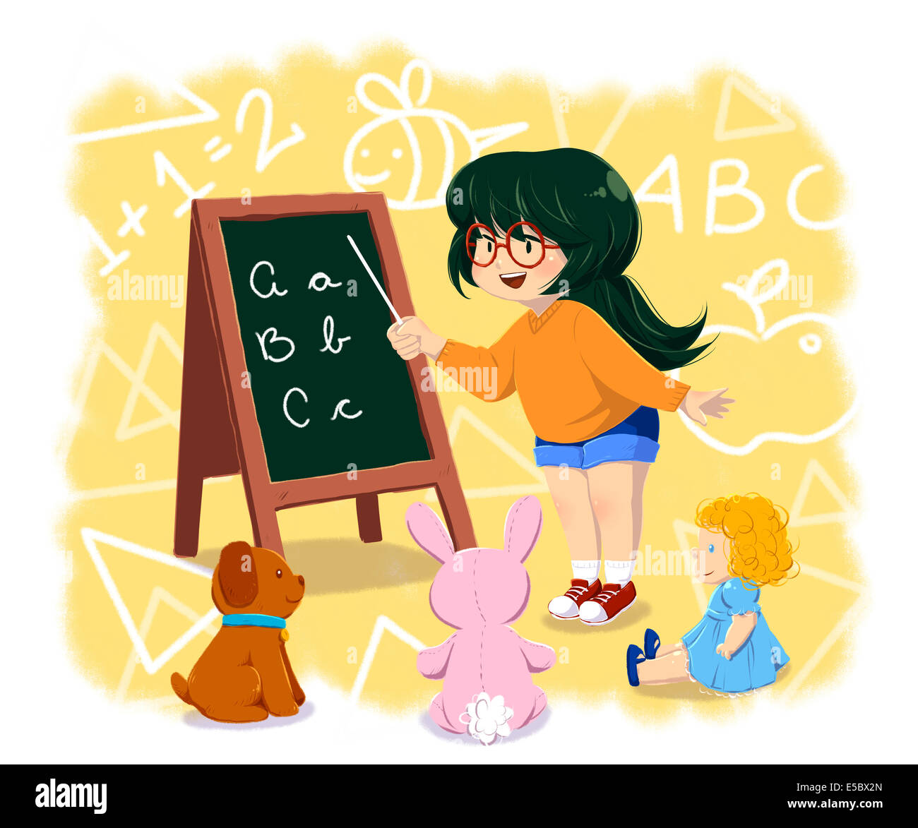 Illustrative image of girl teaching teddy bears representing wish Stock Photo