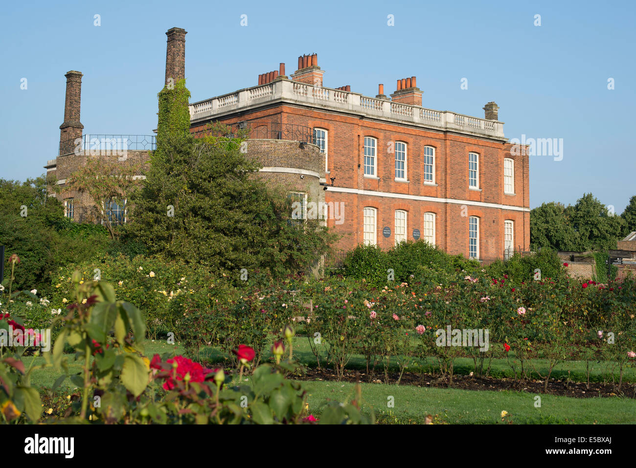 Rangers House in Greenwich, England. Photograph taken from the rose garden in Greenwich Park. Shown against blue sky. Stock Photo