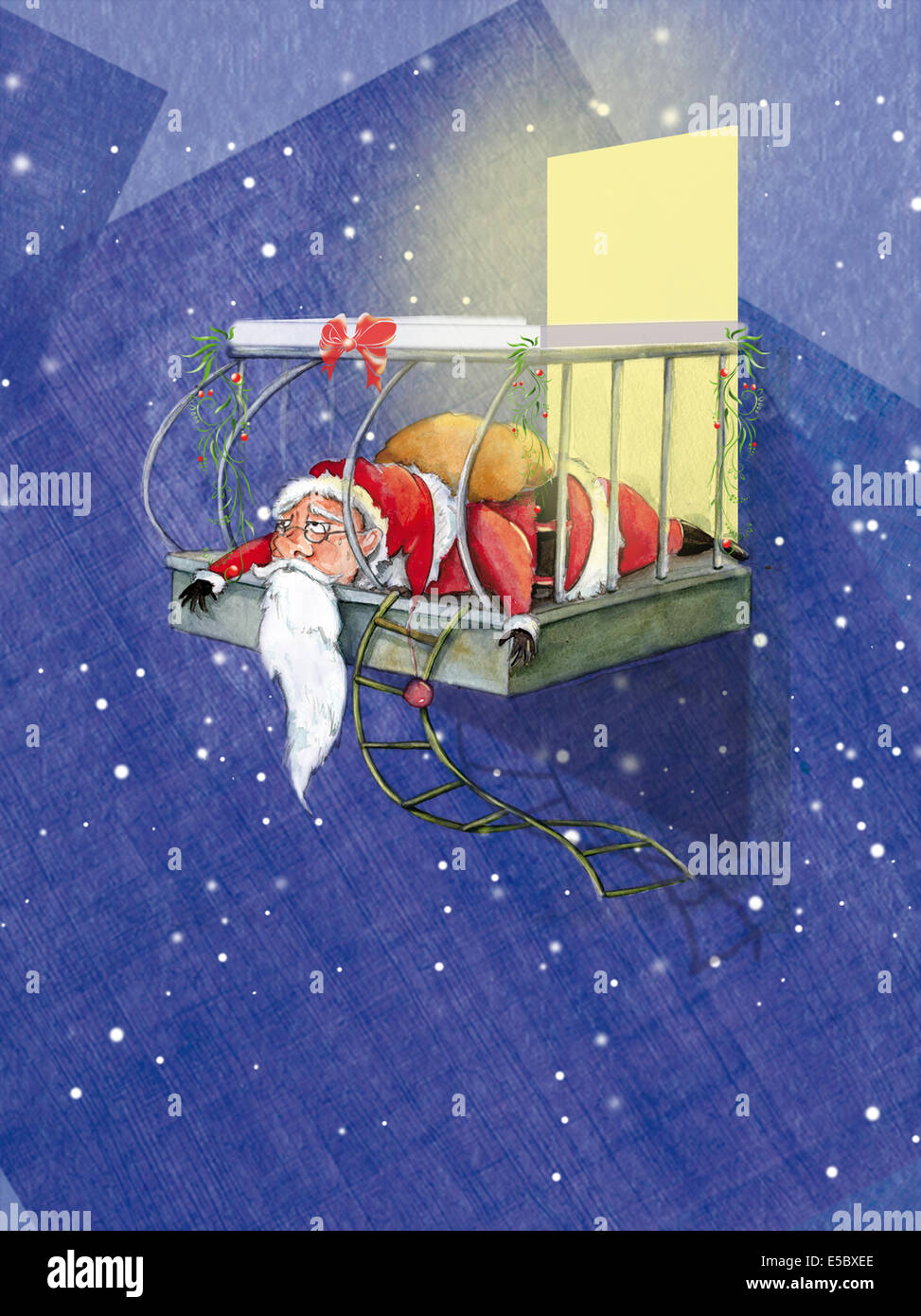 Illustration of tired Santa Claus fallen in balcony during Christmas Stock Photo