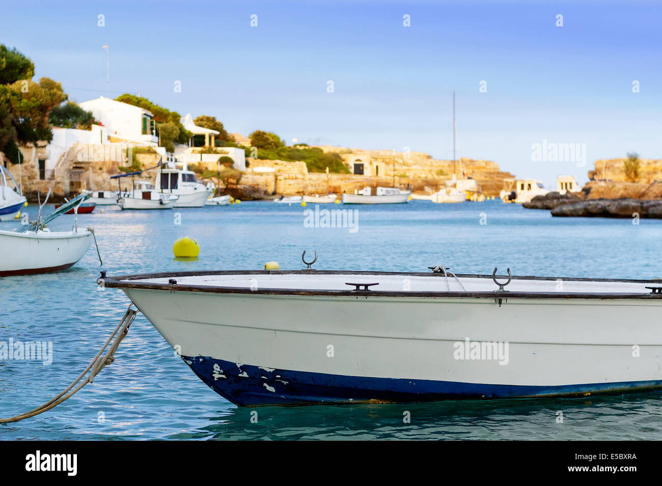 little Boat on a sea loch, Menorca. Balearic Islands (Spain) Stock Photo