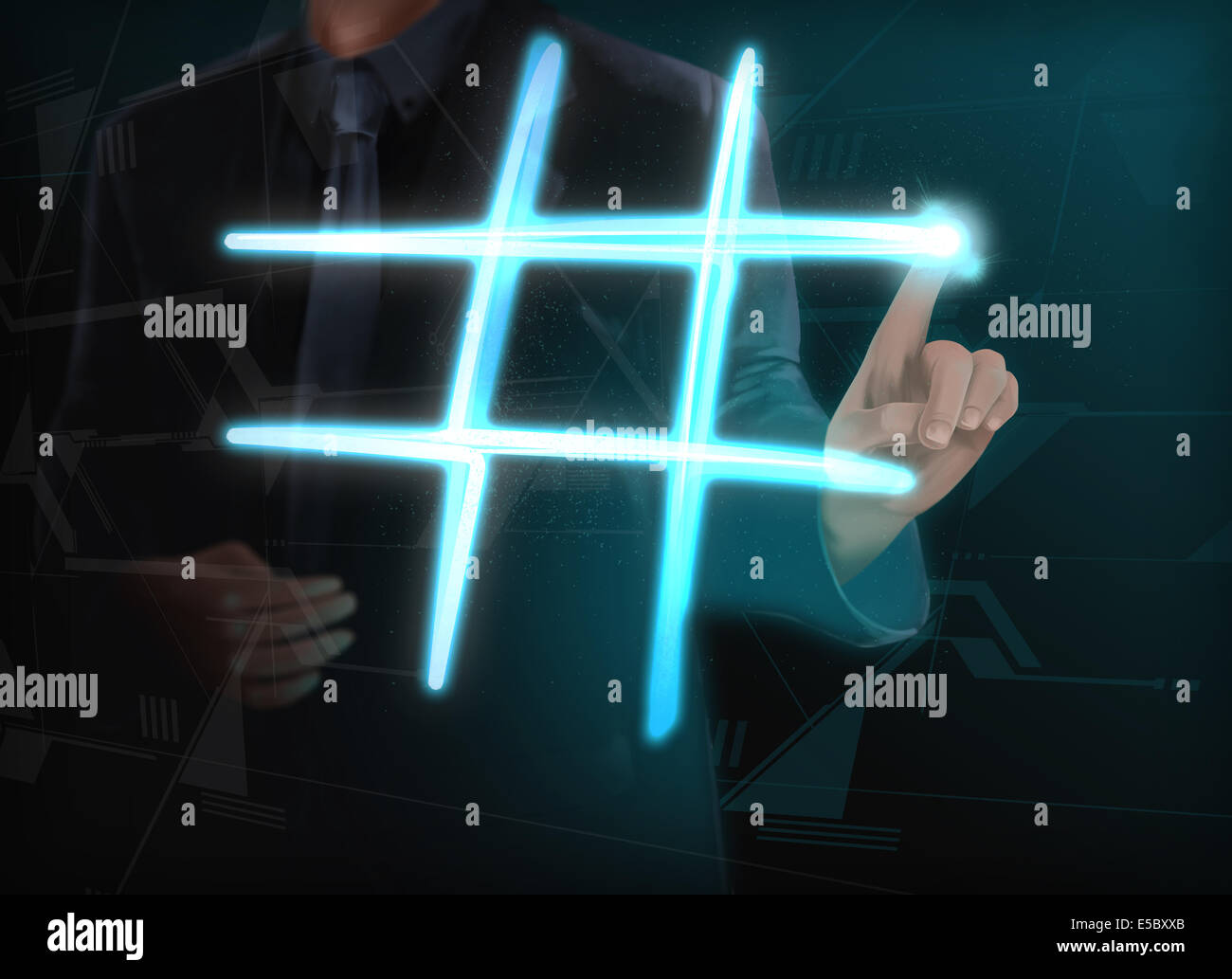 Illustration of businessman making glowing hashtag on transparent screen Stock Photo