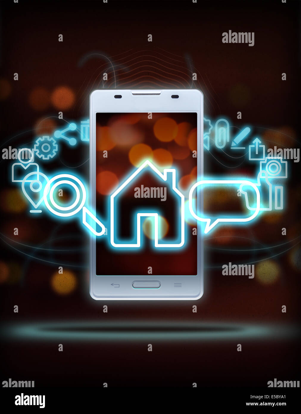 Illustration of various mobile applications rotating around smart phone over colored background Stock Photo