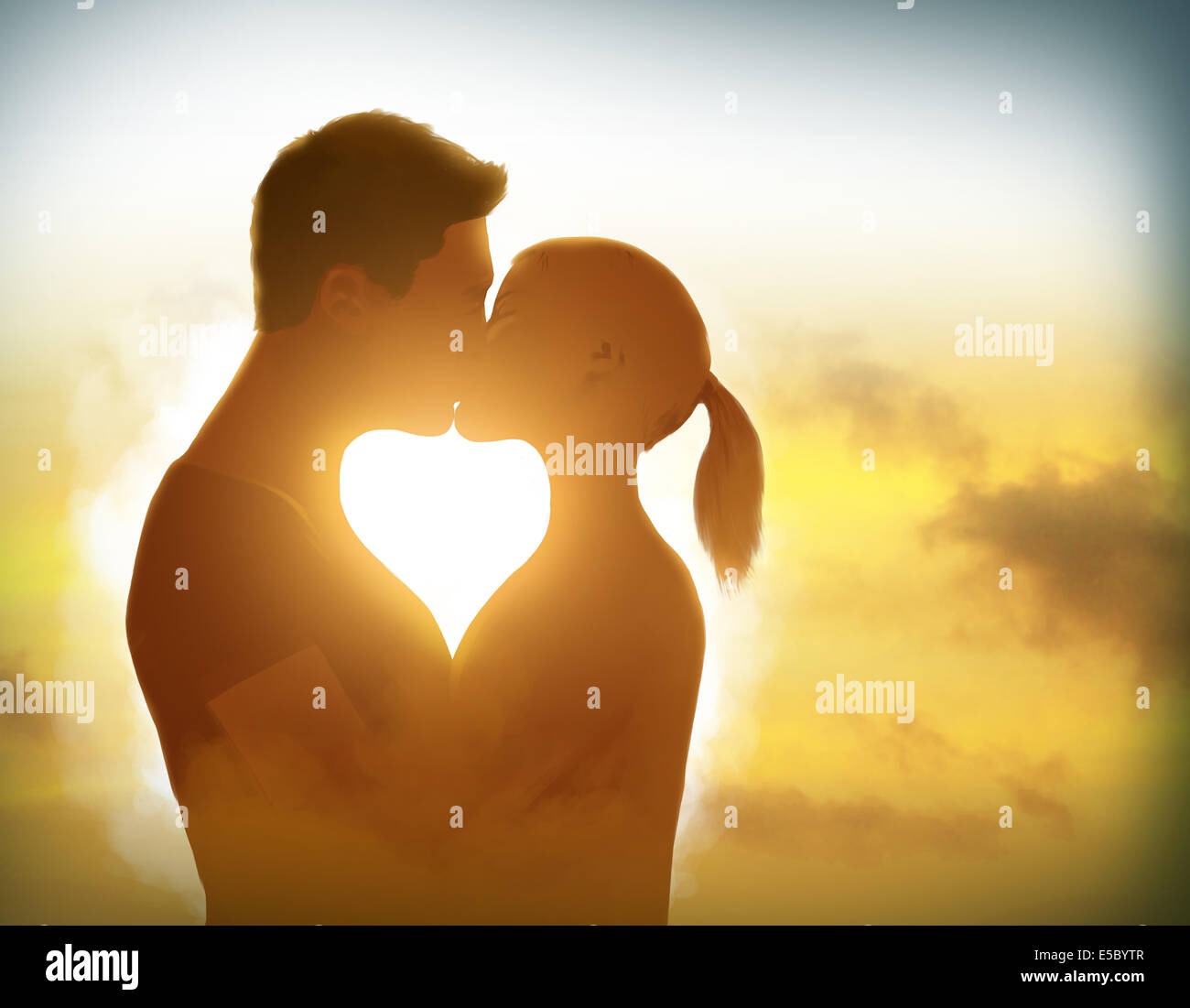 Illustration of couple kissing at sunset Stock Photo