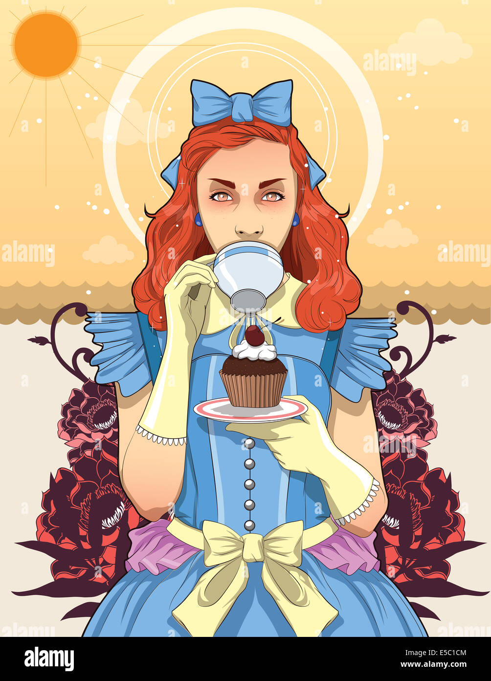 Illustration of trendy teenage girl drinking coffee while holding cupcake in plate Stock Photo