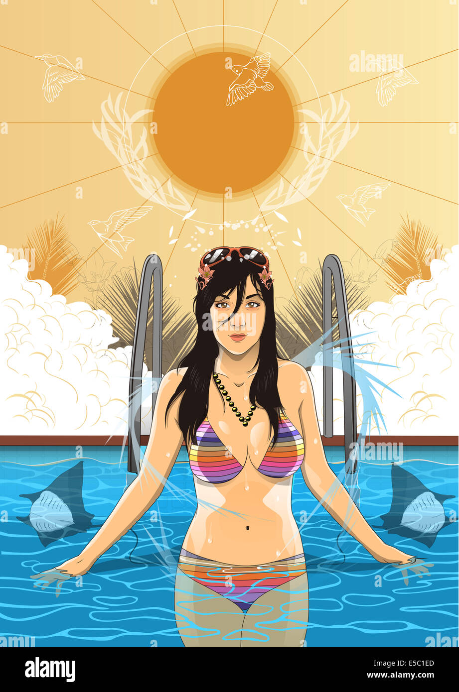 Illustration of attractive young woman girl wearing bikini standing in swimming pool Stock Photo