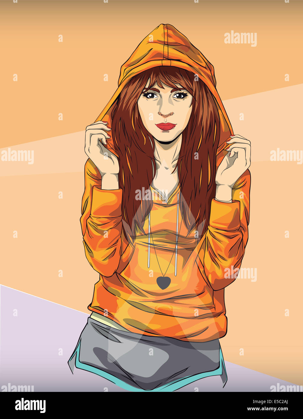 Illustration of trendy teenage girl in orange hooded jacket against colored background Stock Photo