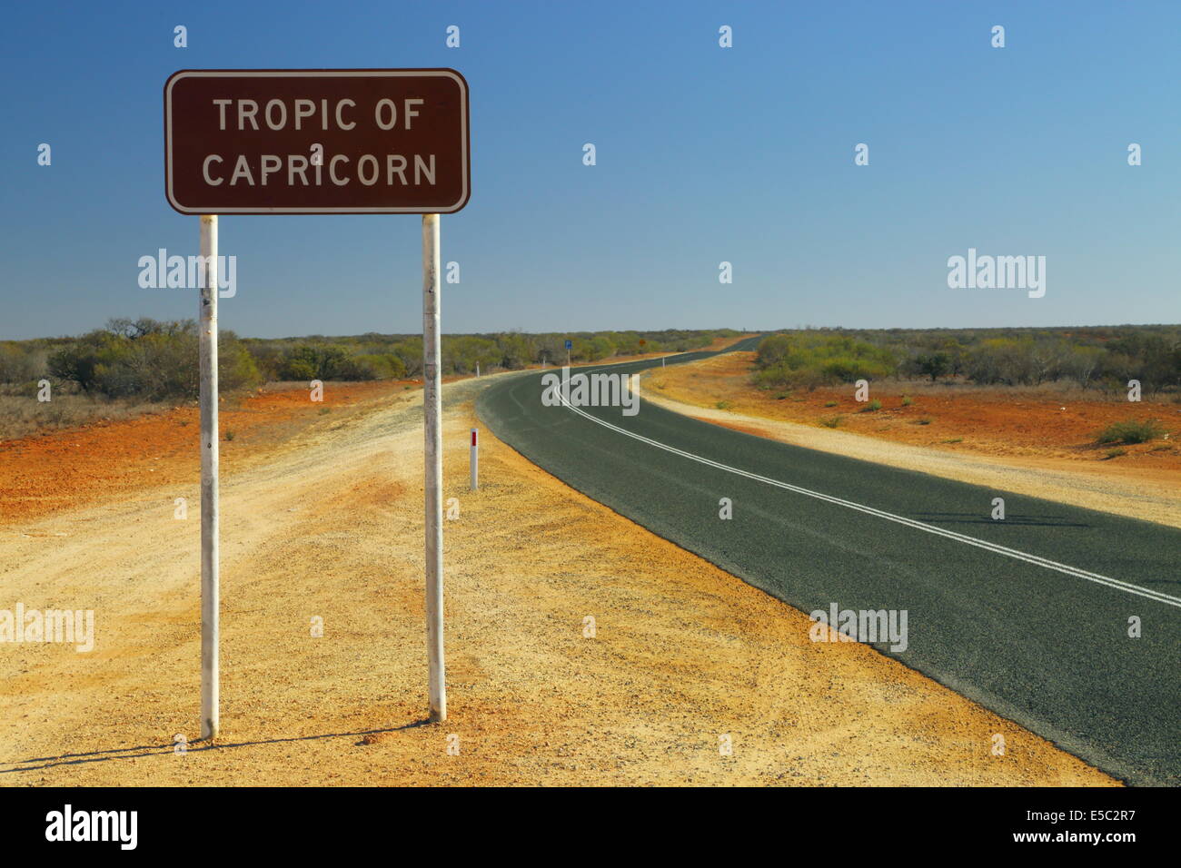 Tropic of Capricorn sign on highway near Exmouth, Western Australia. Stock Photo