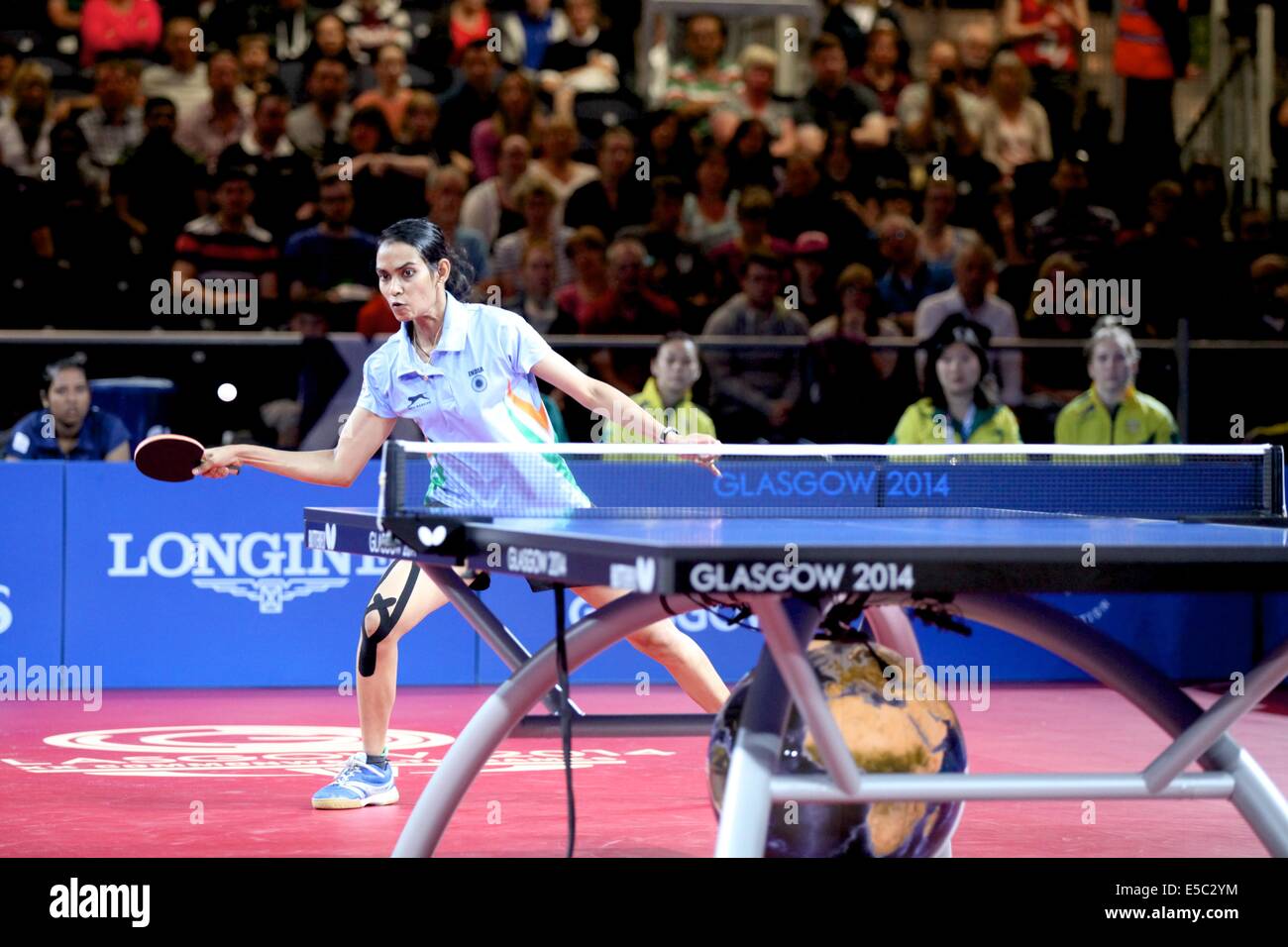 Glasgow, UK. 27th July, 2014. Commonwealth Games day 4. Table Tennis women’s team bronze medal match.  Australia win 3-1 against India to win the bronze medal. Pictured here is S. Kumaresan of India against Ziyu Zhang in the first singles match in the team event Credit:  Neville Styles/Alamy Live News Stock Photo