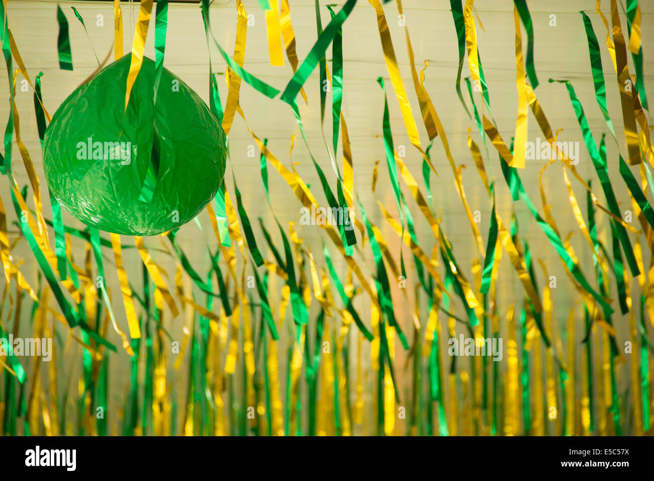 Metallic Ribbons with the main colors of the Brazilian Flag. Stock Photo