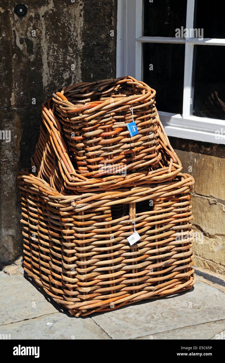 Wicker baskets for sale outside a shop along High Street, Broadway