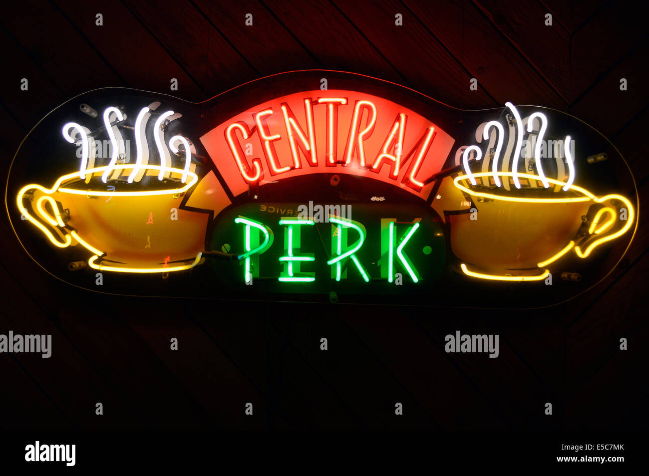 The neon sign of the 'Central Perk' coffee shop used in the tv series Friends, at the Warner Bros Studio in Burbank, Los Angele Stock Photo