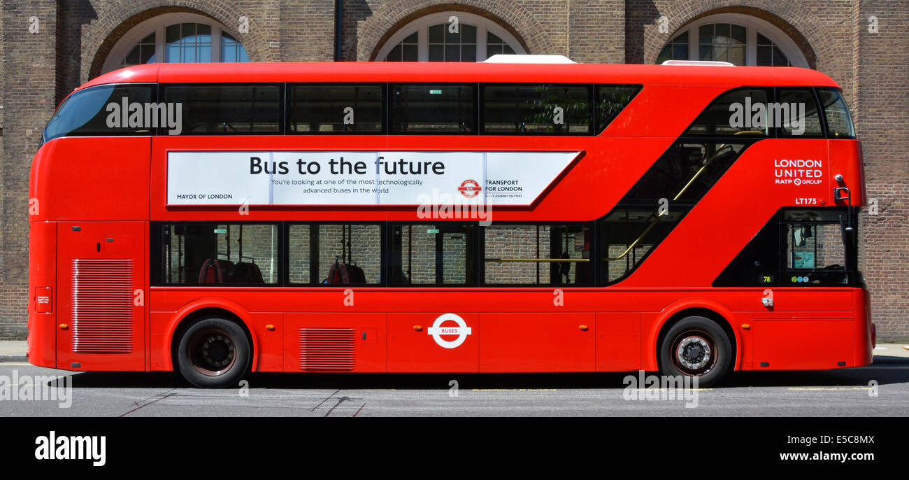 Mayor of London promotional advertising poster on side of new red Boris routemaster bus proclaiming its technological virtues Stock Photo
