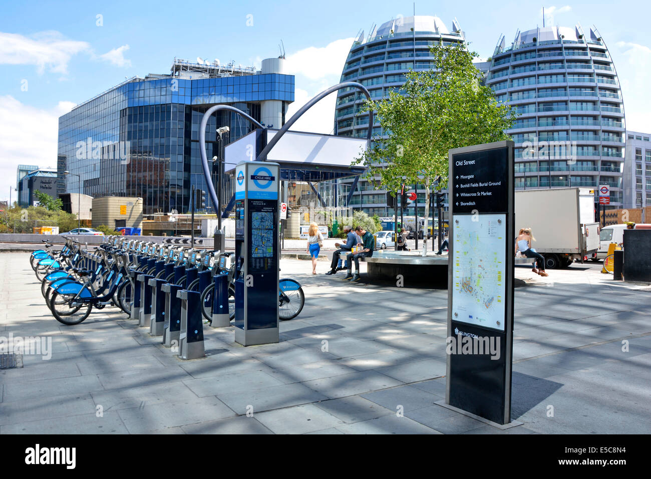 Old Street Roundabout junction of Old Street & City Road adjacent areas referred to as Silicon Roundabout or Tech City Barclays bike hire docking UK Stock Photo