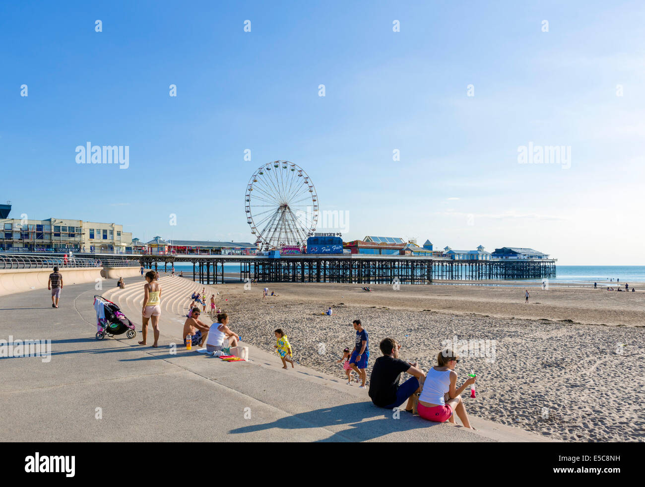 Beach and Central Pier in the late afternoon, The Golden Mile, Blackpool, Lancashire, UK Stock Photo