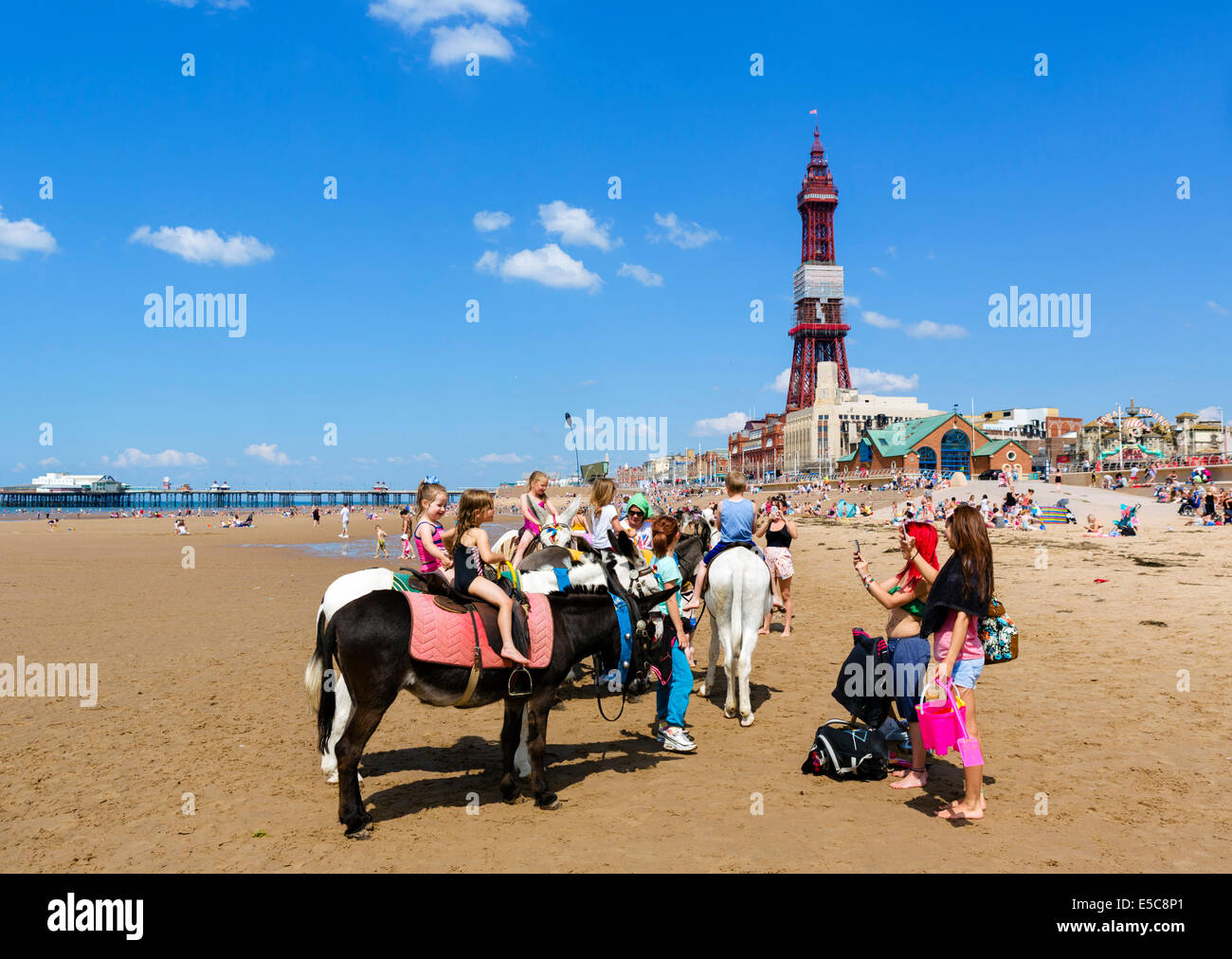 Donkey rides on the beach looking towards North Pier and Blackpool Tower, The Golden Mile, Blackpool, Lancashire, UK Stock Photo