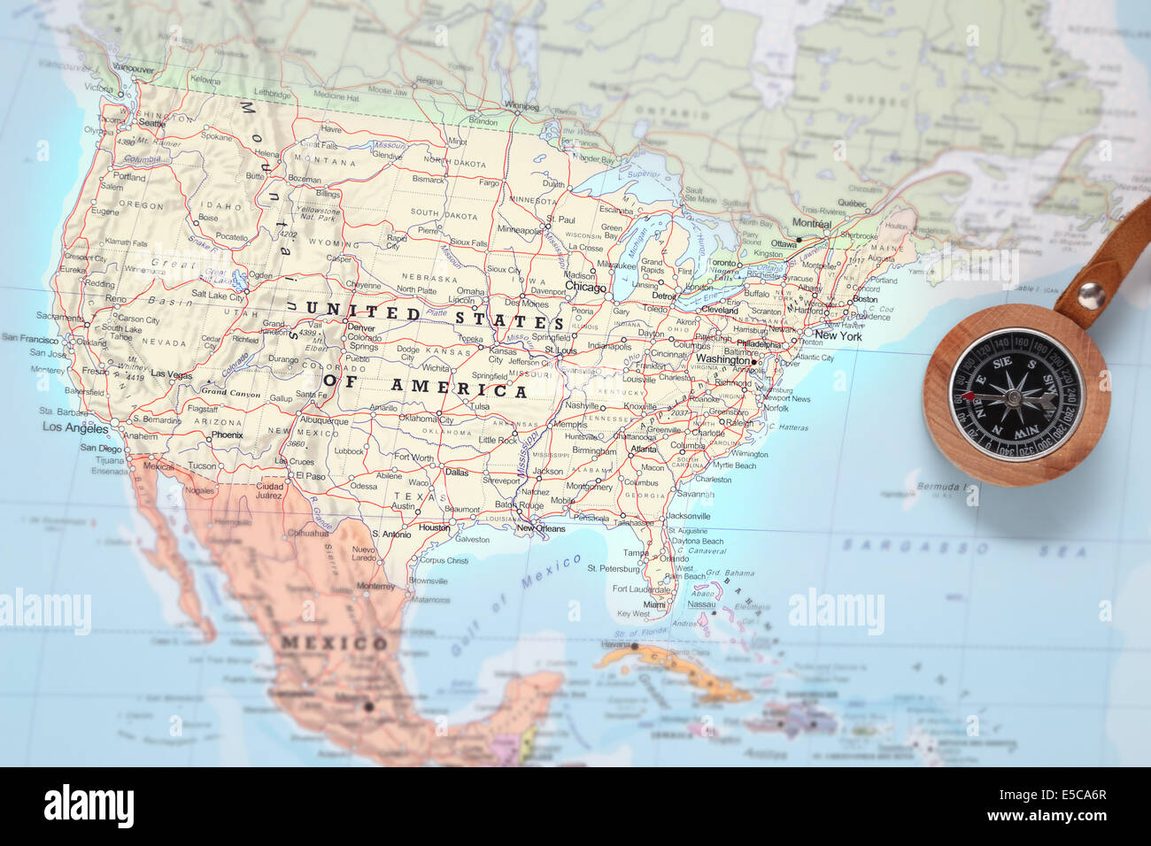 Compass on a map pointing at United States and planning a travel destination Stock Photo