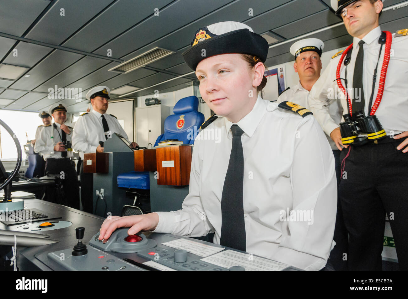 Belfast, Northern Ireland. 26/07/2014 - Chief Radar Officer keeps a check on the approach path as the newest ship in the Royal Navy, the Type 45 destroyer HMS Duncan, arrives into her adopted city of Belfast for a three day visit. Credit:  Stephen Barnes/Alamy Live News Stock Photo