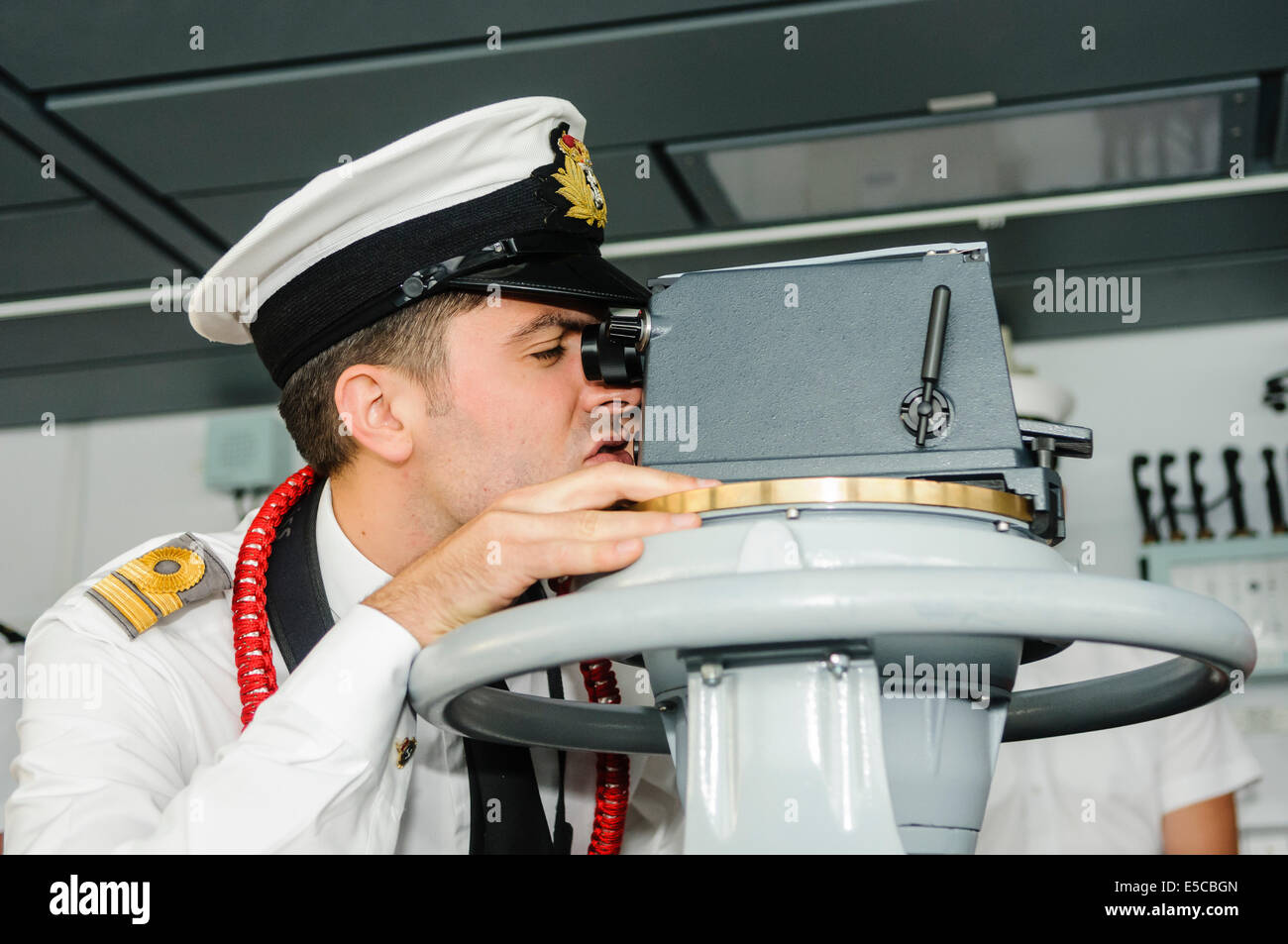 Belfast, Northern Ireland. 26/07/2014 - Second in command takes triangulation readings on the bridge of Type 45 destroyer HMS Duncan Credit:  Stephen Barnes/Alamy Live News Stock Photo