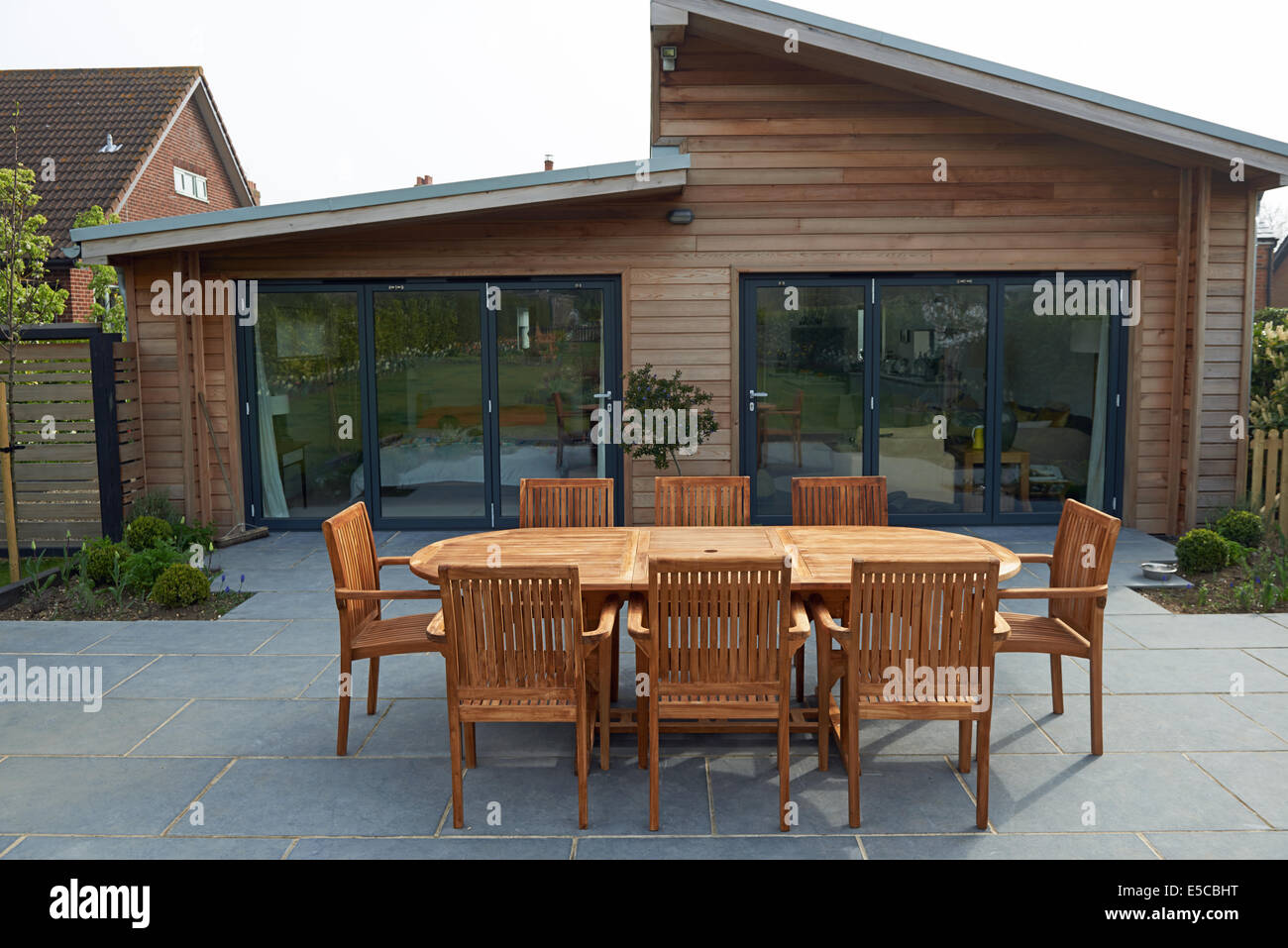 View of Wooden patio furniture Stock Photo - Alamy