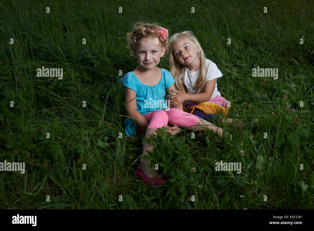 Portrait of children blond two girls sisters sitting in grassy field summertime Stock Photo