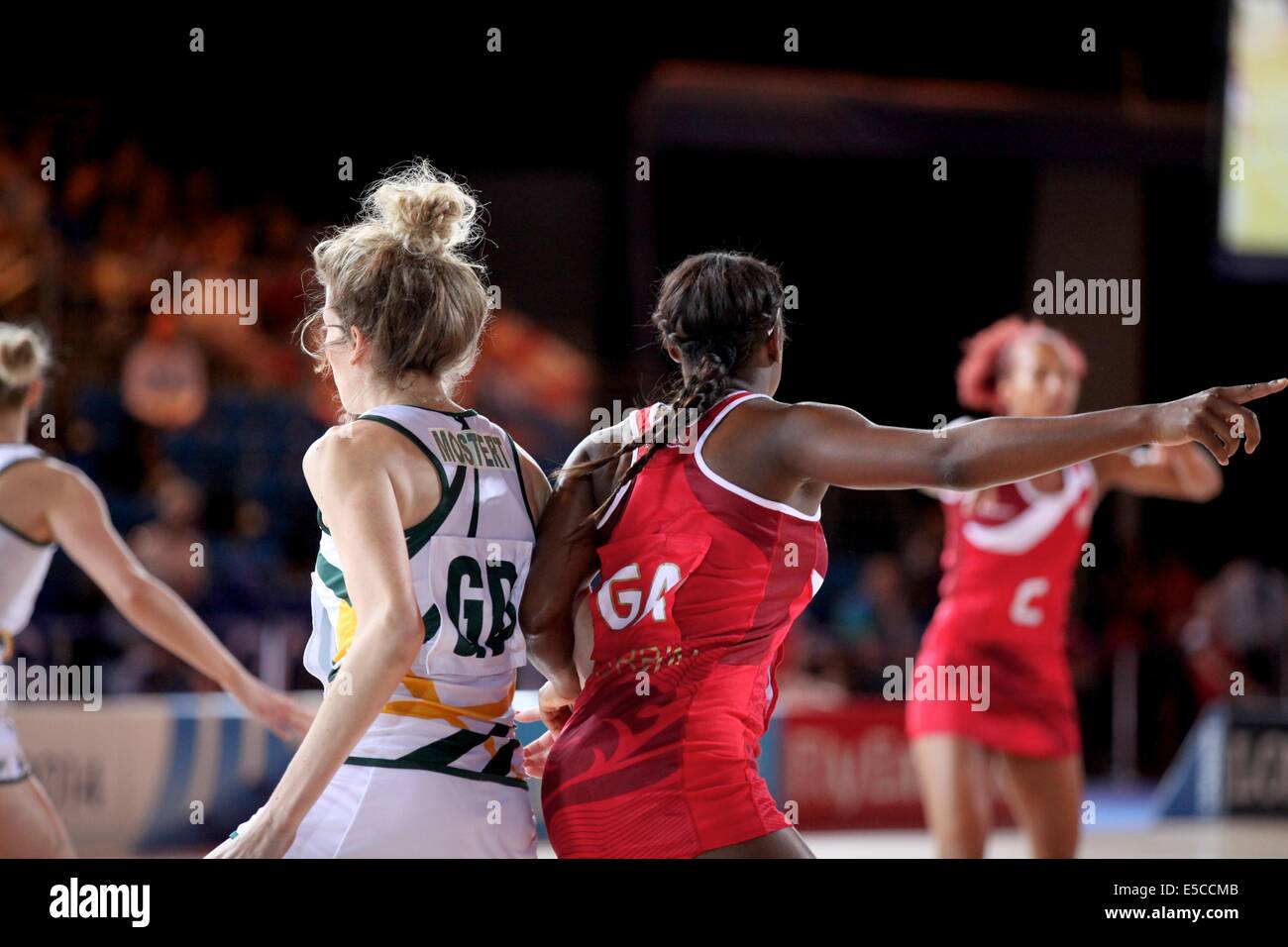 Glasgow, Scotland, UK. 27th July 2014. Commonwealth Games day 4. Netball - England v South Africa in the preliminary round of competition.  England won 41-35.  Mostert (South Africa) and Kadeen Corbin (England) Credit:  Neville Styles/Alamy Live News Stock Photo
